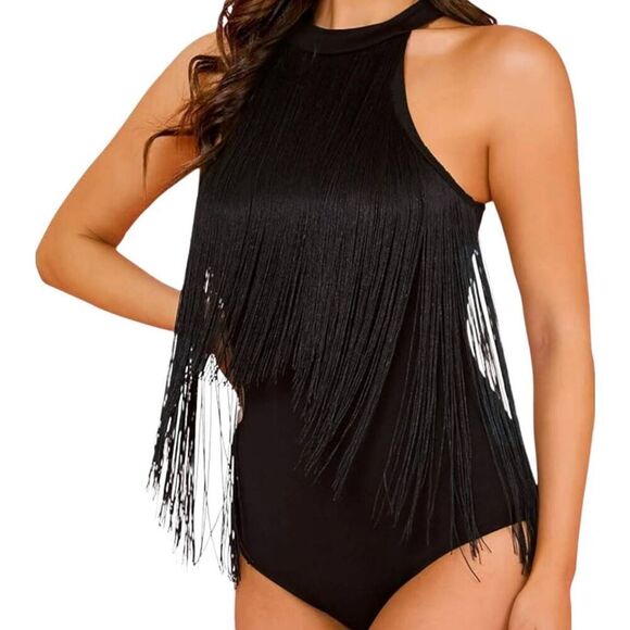 Verdusa Fringe Trim Sleeveless Bodycon Halter Bodysuit Top Brown Size Small NWOT - Picture 1 of 11